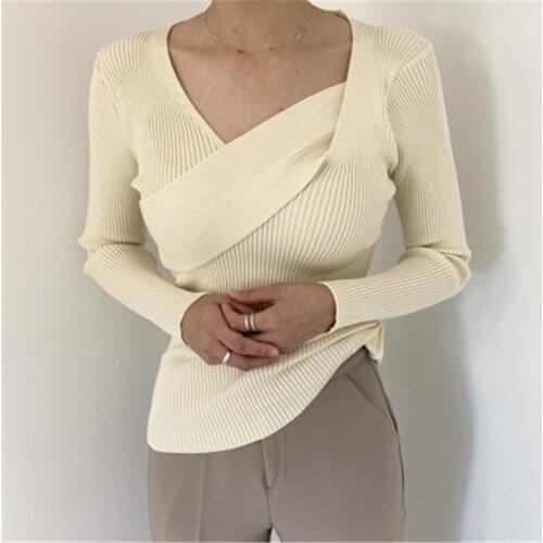 Chic Basic Simple Solid Elegant Fashion Knitted Pullovers for Ladies Elastic Fitted Bodycon Sweaters V-neck Sexy All-match Top