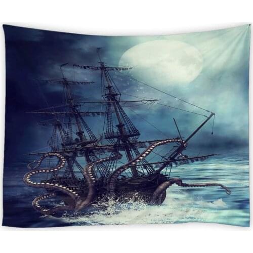 Octopus Tapestry Fantasy Ocean Wave Sailing Wall Hanging