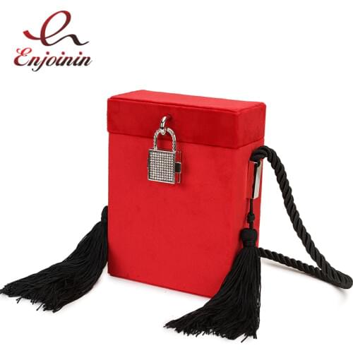 Red & Black Long Fringe Diamond Lock Box Style Ladies Party Clutch Bag Shoulder Tote Crossbody Mini Bag Women Pouch Flap Handbag