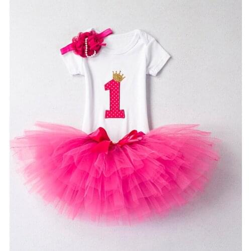 Summer Hot Sale Baby Girls 1 Year Bithday Clothes Set Little Girl Short Sleeve Tops Tutu Mesh Skirt KF1065