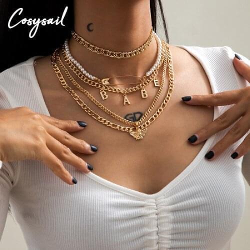 Cosysail 5Pcs/Set BABE Letter Angel Pendant Multilayer Necklace Paper clip Pearl Choker Necklace Set Hip Hop Creative Jewelry