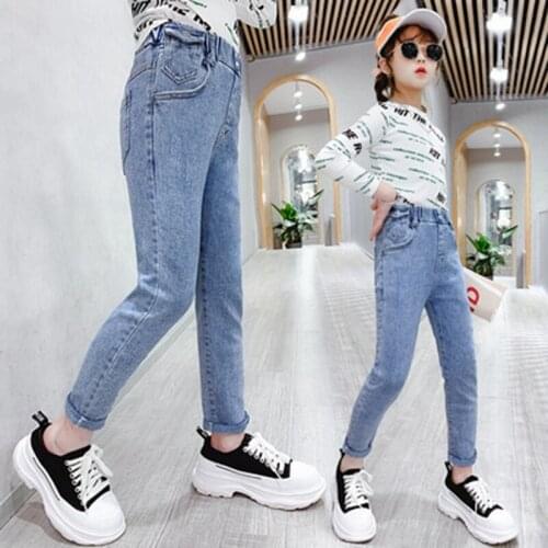 New Autumn Girls Pencil Soft Elastic Denim Fabric Jeans Kids Blue Color High Waist Full Length Pants For Teenage Girl 5-14Y