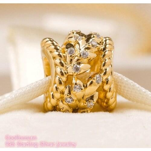 Autumn 925 Sterling Silver Dazzling Grain Swirls Charm, yellow colour & Clear CZ Beads Fit Original Pandora Charms Bracelet