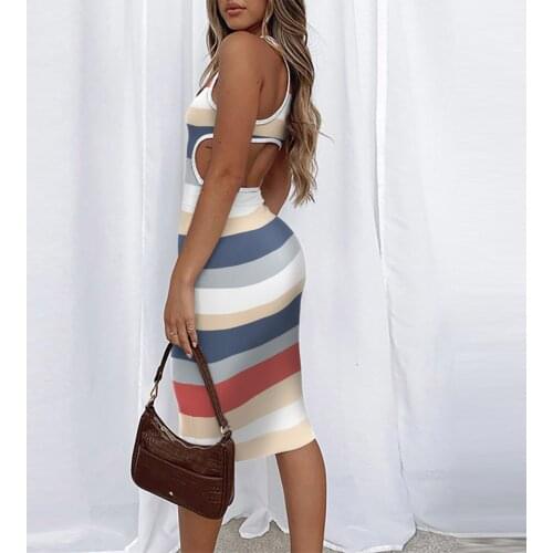 Summer dress Women Sexy Casual Sleeveless Slimming O-Neck Stripe Printing Backless Tank Dress Vest Dress Hot Sell платье летнее