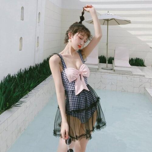 Bowkont Wrap Chest Padded One Piece Swimwear Retro Plaid Sleeveless Monokini Sexy Push Up Lace Up Bathing Suit Mesh Beach Skirt