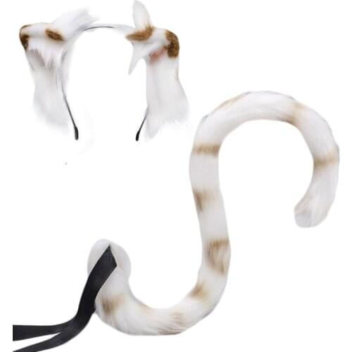 Handmade Faux Fur Wolf Ears Headband Plush Tail Fluffy Furry Flower Kitten Animal Cosplay Costume Fancy Party Accessory