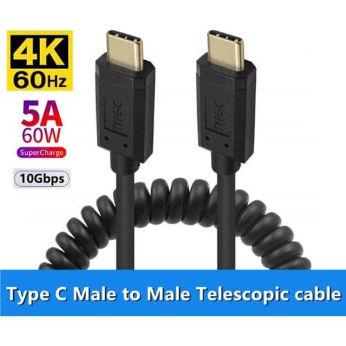 Spring Retractable Cable USB 3.1 Type-c Male to Male Stretch Curl Flexible Coiled Data Charging Cable 4K 60Hz With Audio Video