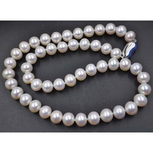 GORGEOUS very luster 9-10mm white real pearl necklace 925 clasp