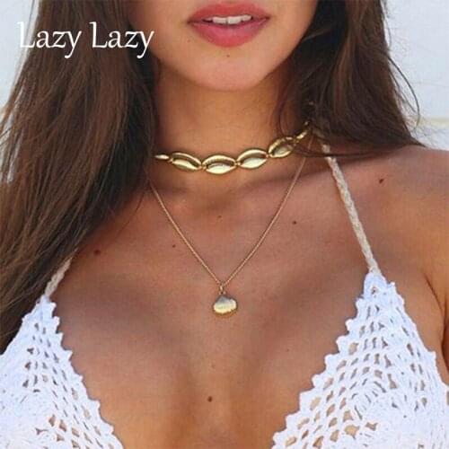 Vintage Shell Necklace Gold Color Double Layer Bead Choker for Women Sequin Pendant Necklace Imitation Pearl Statement Collier