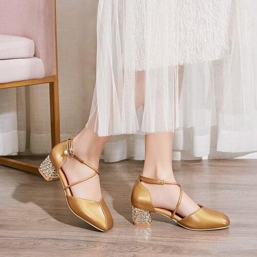 YQBTDL Block Heels Cross Strap Party Mary Jane Shoes Female Yellow Pink Crystal High Heel Pumps Summer Spring Sweet Thick Heels