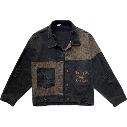 Women Letter Embroidery Leopard Patchwork Denim Jacket Coats 2021 Autumn Full Sleeve Turndwon Collar Casual Ladies Outwear