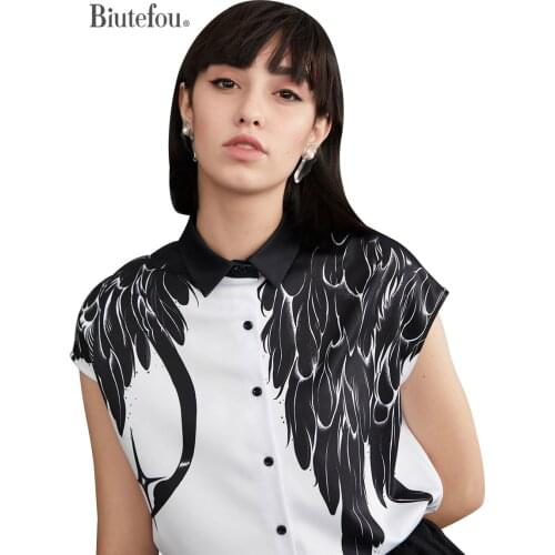 【Biutefou】Summer Women Swan Feather Print Colorblock Sleeveless Polo Collar Shirt