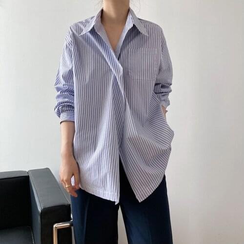 Spring Winter Women Shirt Blouse Striped Pure Cotton Loose Blue Long Sleeve Single Button Office Lady Casual Notched Collar