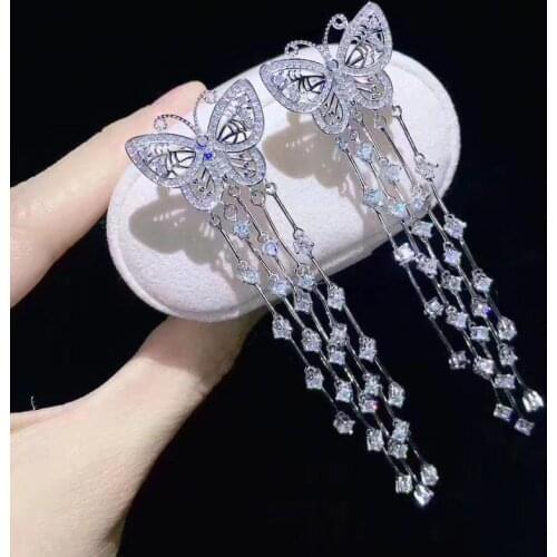 Long tassels insect cubic zircon butterfly drop earring 925 sterling silver fine women jewelry free shipping