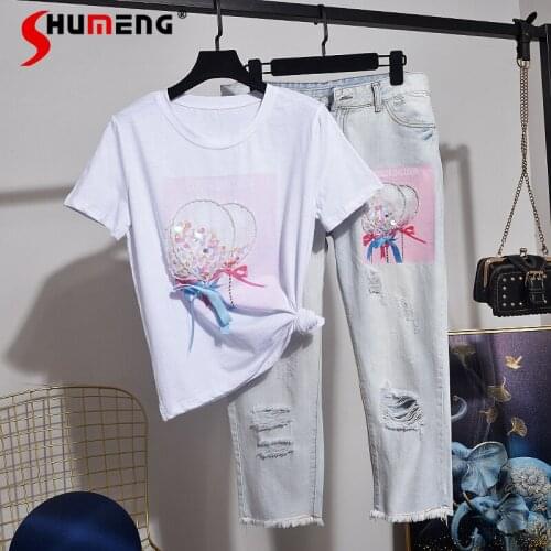 Women T-shirt Jeans Suit 2021 Spring Sequined Balloon Sequined Short Sleeve white T shirt Distressed Ripped Jeans Two-Piece Set
