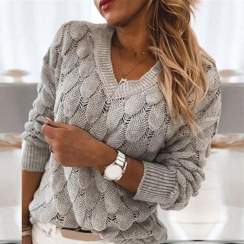 Ele-Choices Women Knit Sweater Autumn Winter Hollow Out Feather Long Sleeve V Neck Pullover