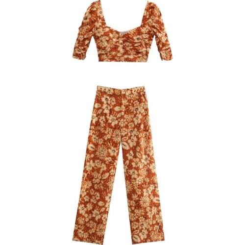 2021 Women High Quality Printing Square Collar Jacket Trousers Suit Female Vintage Half Sleeve Jacket High Street Style Suit