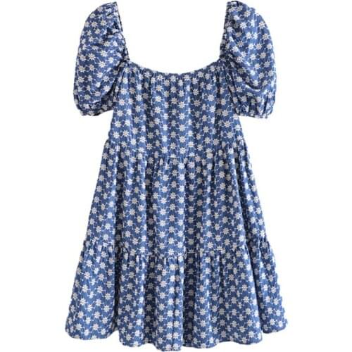 Women Floral Print Denim Embroidery Dress Puff Short Sleeve A Line Vintage Dresses Ladies Casual Square Collar Sundress