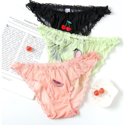 Women Sexy Lace Underwear Ruffle Panties Japanese Lolita Style Transparent Seersucker Lingerie Fruit Embroidery Briefs Pants New