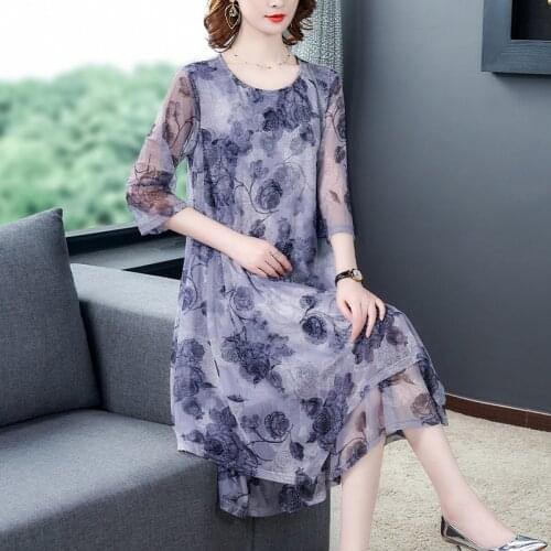 2021 Spring Print Mesh Patchwork Chiffon Casual Midi Dress Summer Floral 4XL Plus Size Dress Women Elegant Bodycon Party Vestido