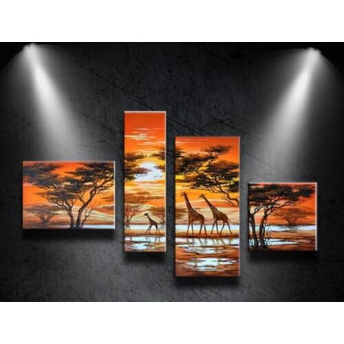 100%Hand Painted Modern Forest Landscape Animal Giraffe Abstract Oil Painting on the Canvas Art Wall Home Decoration 4pcs/set