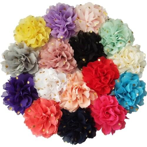 4inch Gold Polka Dot Chiffon Flower Children Fabric Flowers Hair Flower for headbands 24pcs/lot flat back