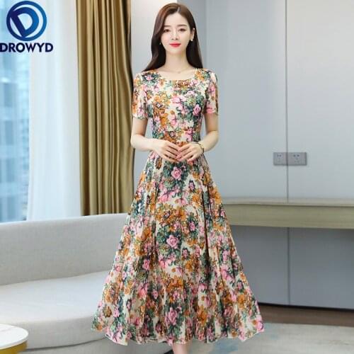 Boho Summer Floral Printed Slim Chiffon Beach Dress Women Casual Fashion Party Pleated Dress Elegant Big Swing Dress Vestidos