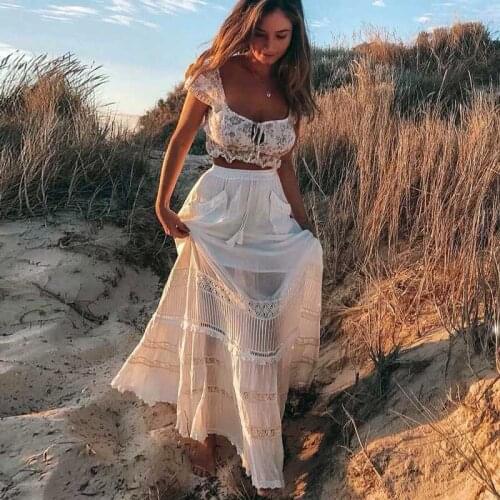 Boho Inspired Womens White Maxi Skirt patch pockets tassel tied skirts women corchet insert cotton casual chic long skirts 2020