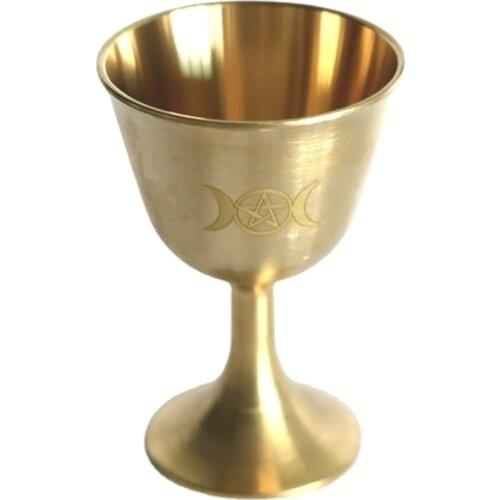 Q1FD Ritual Cup Altar Goblet Wicca Gold Plating Brass Ceremony Moon Divination Prop