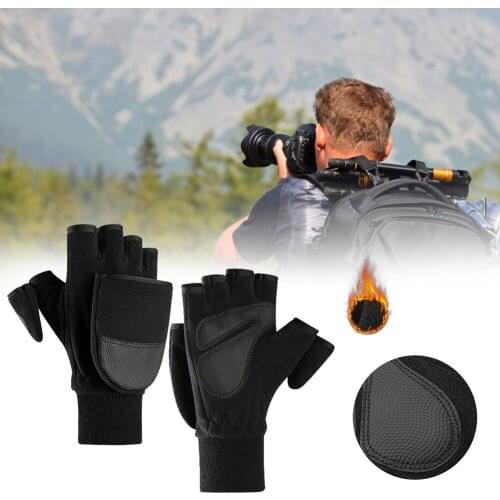 Black Flip Cover Outdoor Travel Hiking Fishing DSLR SLR Camera Photography Gloves Winter Warm Anti-Slip Touch Screen Half Finger
