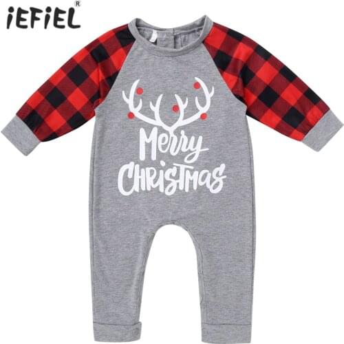 Infant Cotton Christmas Baby Boy and Girl Clothes Long Sleeve Print Pattern Antlers at Leg Opening Jumpsuit Romper Kids Clothes