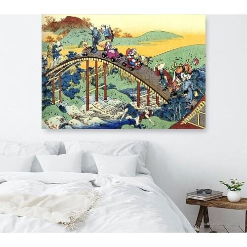 Retro Japanese Style Kart on The Arched Bridge Poster Hokusai Super Nintendo Art Print Painting Mitsui Shop Wall Pictures Decor