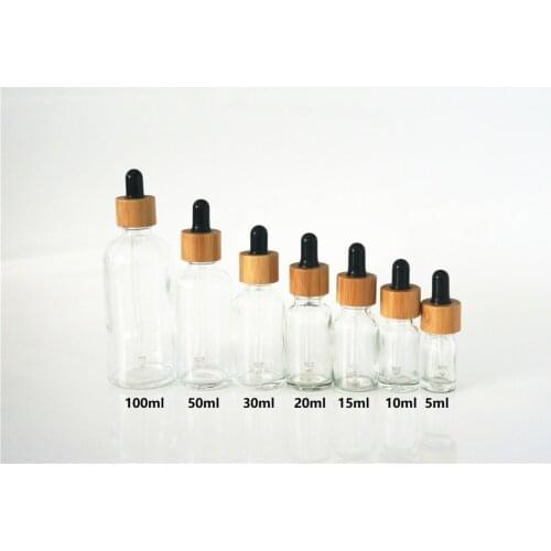 5/10/15/20/30/50/100ml Empty Essential Oil Bottle GNatural Bamboo Lid Black Rubber Head Dropper Cover Glass Clear Containers
