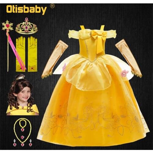 Beauty and the Beast Halloween Fairy Costume Girls Belle Dress Yellow Shoulderless Dresses Princess Belle Curly Wig for Children