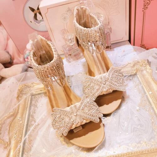 Summer Womens Peep Toe Med Heels Wedge Heel Sandals Shoes Beading Tassel Bowknot J88