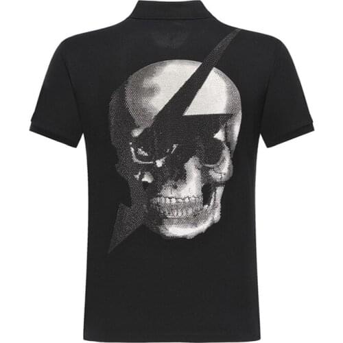 Polo Men Shirt Men Short Sleeve High Quality Cotton Street Casual Tops 3D Rhinestone Skull Print Plein Polo Shirt Streetwear