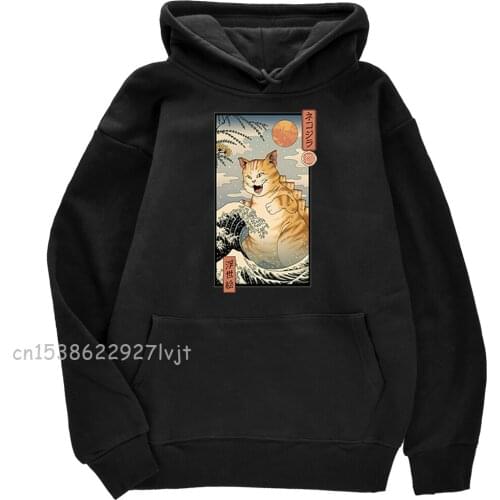 Ukiyo e Cat Cute Cartoons Print Male Hoody Solid Color Crewneck Pullovers Hoody Fashion Loose Casual Hoody Fleece Thick Hoodie