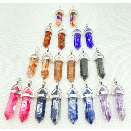 Wholesale Natural Stone Quartz Crystal Amethyst Lapis Gravel Hexagonal Charm Pendants For Jewelry Necklaces Accessories 24Pcs