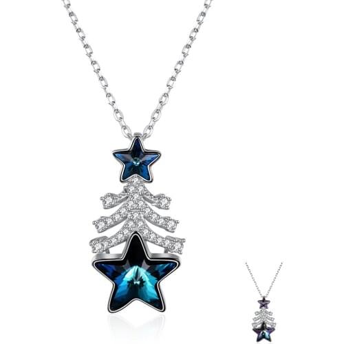 SILVERHOO Christmas Tree Necklace For Women 925 Sterling Silver Colorful Star Austria Crystal Pendant Necklaces Fine Jewelry