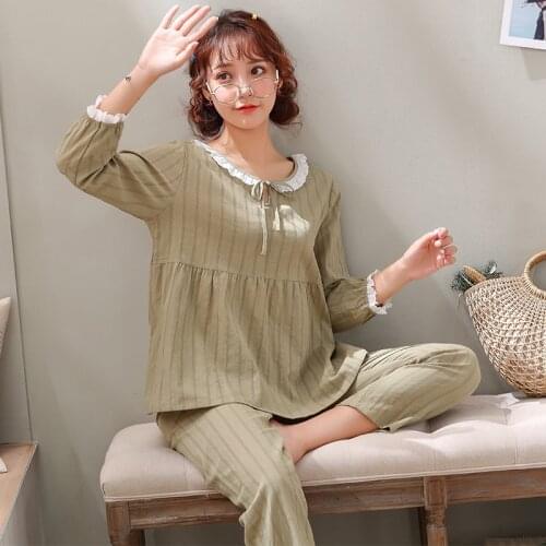 Pajamas ladies spring and autumn cotton long-sleeved home service lace Korean version of the army green pajamas suit sexy пижама