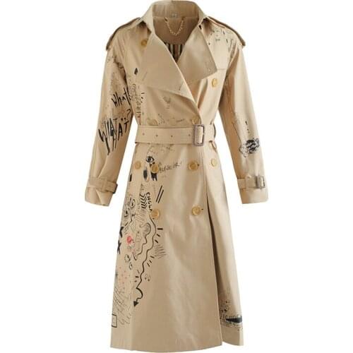 Pop Fall and Winter Nice Windshield Woman Kaki Printed Temperament Laces with Slender Mid-long Jacket over Knee Receiving Waist