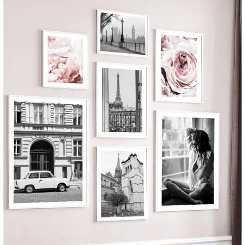 Nordic Vintage Poster Balcony Paris Tower Peony Flower Woman Wall Art Print Canvas Painting Wall Pictures For Living Room Decor