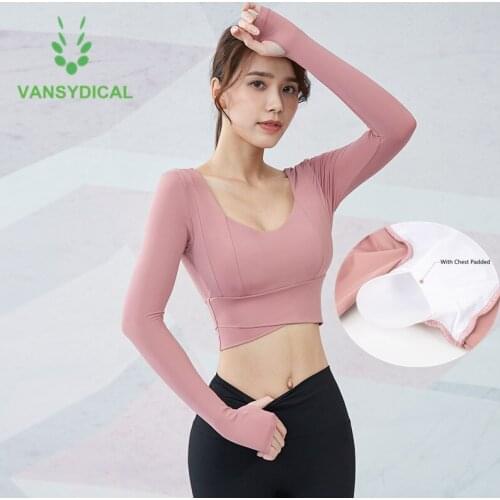 Sexy U-neck Fitness Sports Yoga Shirts Crop Top With Chest Pad Women Cross Gym Long Sleeve Workout Training Running Sportswear