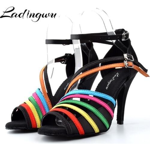 Ladingwu Woman Latin Dance Shoes For Ballroom Dancing Color Bars Satin Soft Bottom Dance Sandals Woman Heel 6/7.5/.8.5/10cm