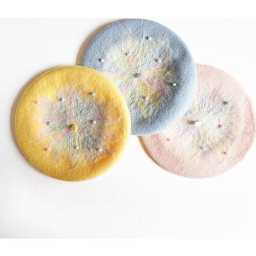 Women’s Hat Handmade Starry Pearl Beret Vintage Artist Wool Felt Hats Solid Color Sweet Fashion Warm Winter Berets Head Wear