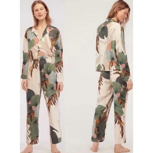 Autumn Womens 2pc Pajamas Set Printing Short Sleeve Long Pants Trousers Pajama Nightwear Sleepwear Loungewear Pyjamas Suit