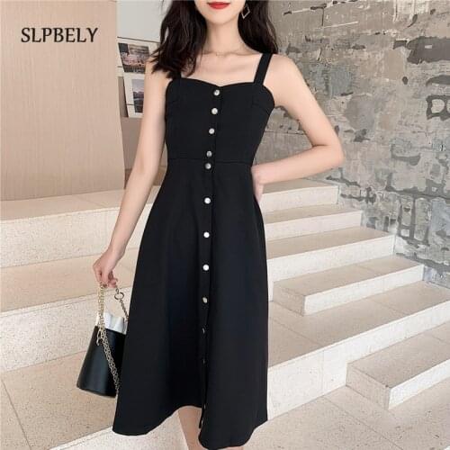 SLPBELY Black Sling Dress For Women Summer Sexy Button Spaghetti Strap Vacation Casual Vintage Elegant Swing Dress Vestido New
