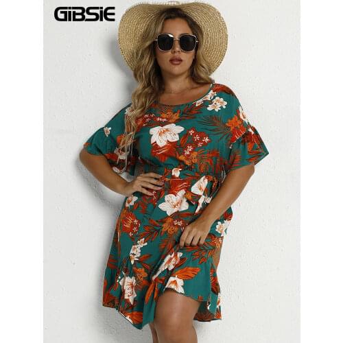 GIBSIE O-Neck Tropical Print Flare Sleeve Belted Dress Plus Size Women Boho Beach Casual Summer Ruffle Hem Midi Dresses xxxl 4xl
