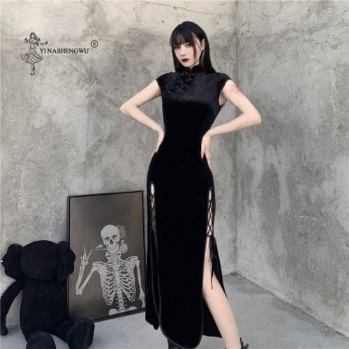 Goth Dark Romantic Gothic Dresses Vintage Women Slim Temperament Black Bandage SlitHem Bodycon Dress Sexy Evening Wear Cheongsam