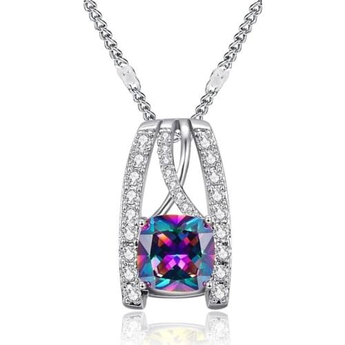 Lingmei Wholesale Women Wedding Square Princess Rainbow Cubic Zircon Silver Color Jewelry Pendant Necklace Wedding Band
